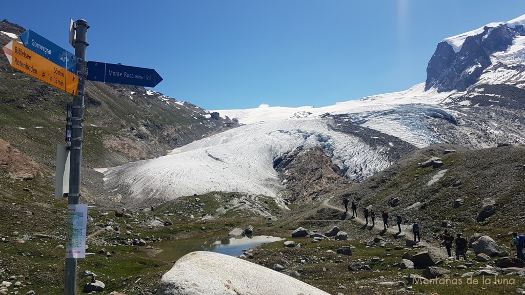 Cruce de recorridos para llegar al Refugio de Monte Rosa. Escogemos el recorrido por el Glaciar Grenx. Delante el Glaciar Gorner